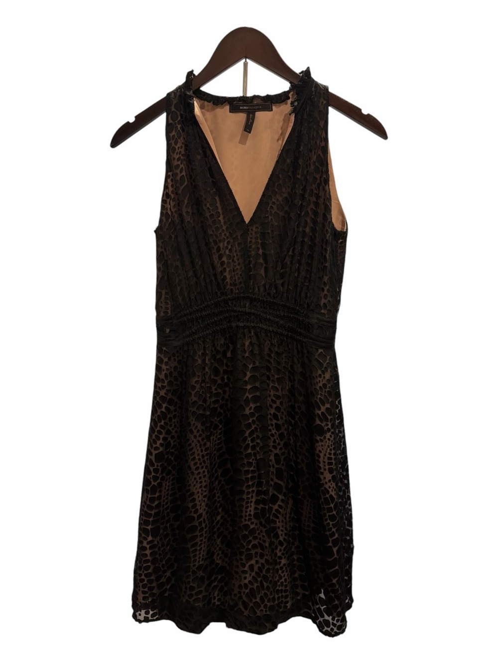 BCBGMAXAZRIA Silk Blend Burnout Animal Print Dress XS Black Smocked